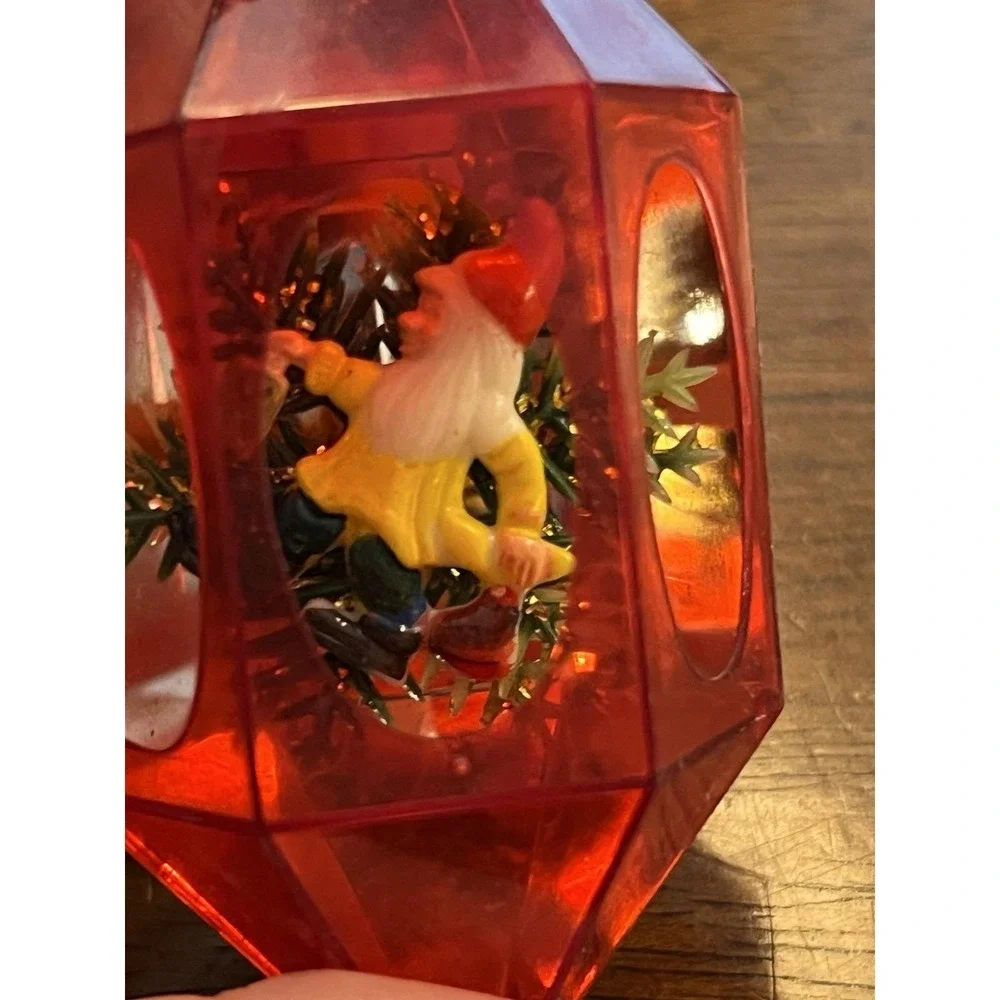 Vtg 1970s Jewel Brite Diorama Christmas Ornament Red Hexagon Lantern Gnome MCM